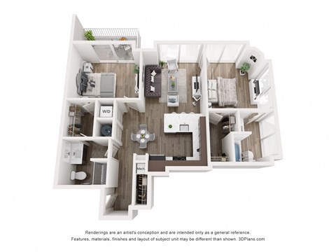 Floor plan for 2 beds, 2 baths, 988 sqft